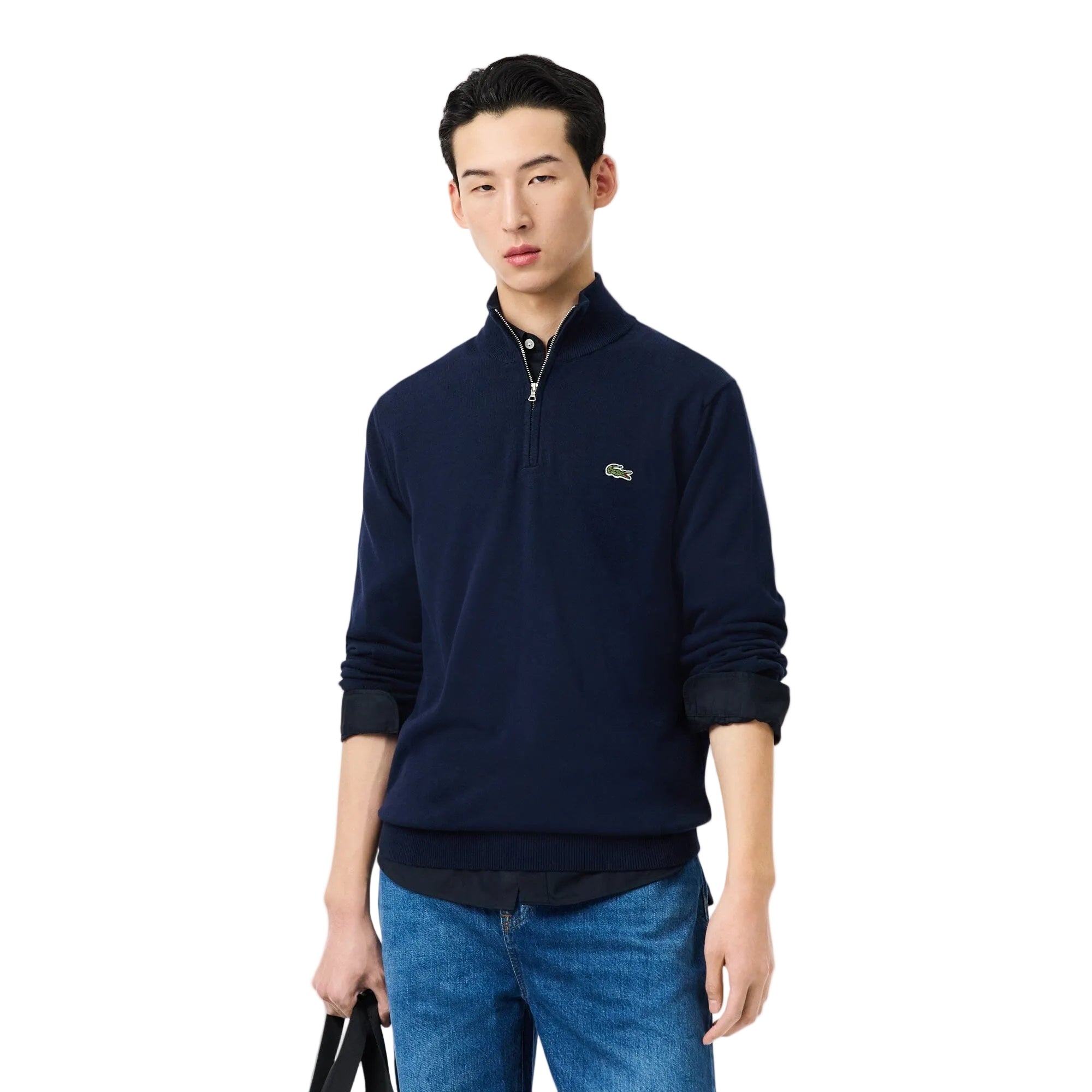 Lacoste Pull zippé coton uni col montant Bleu Nuit