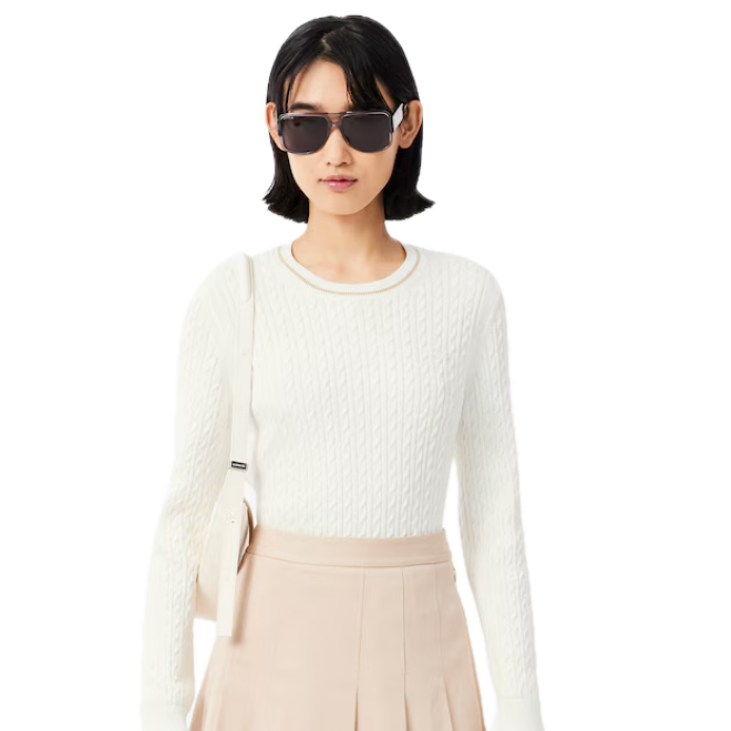 Lacoste Pull maille torsadée détails rayés Blanc