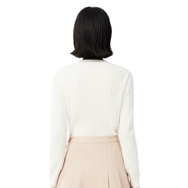 Lacoste Pull maille torsadée détails rayés Blanc