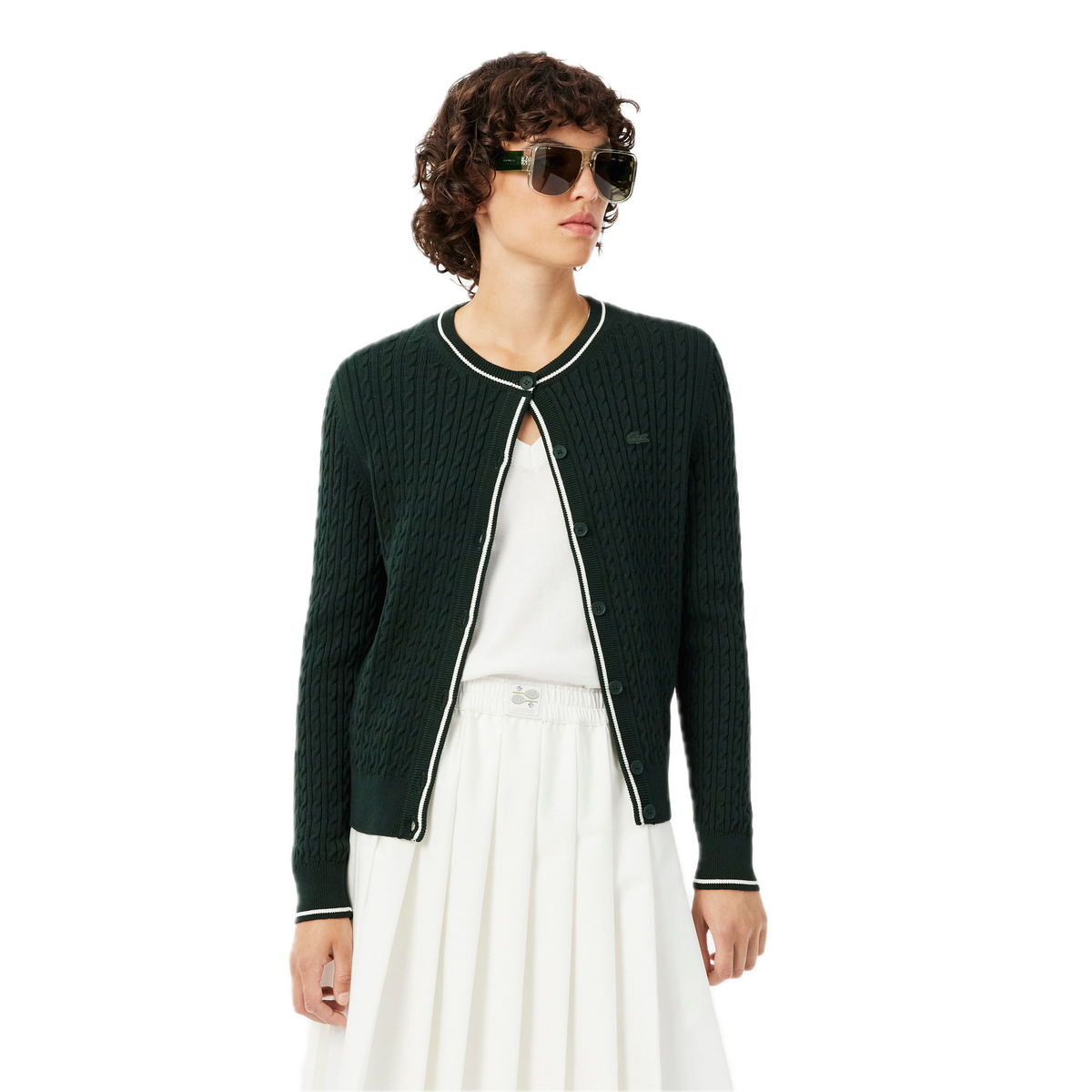 Lacoste Cardigan maille torsadée rayures Vert